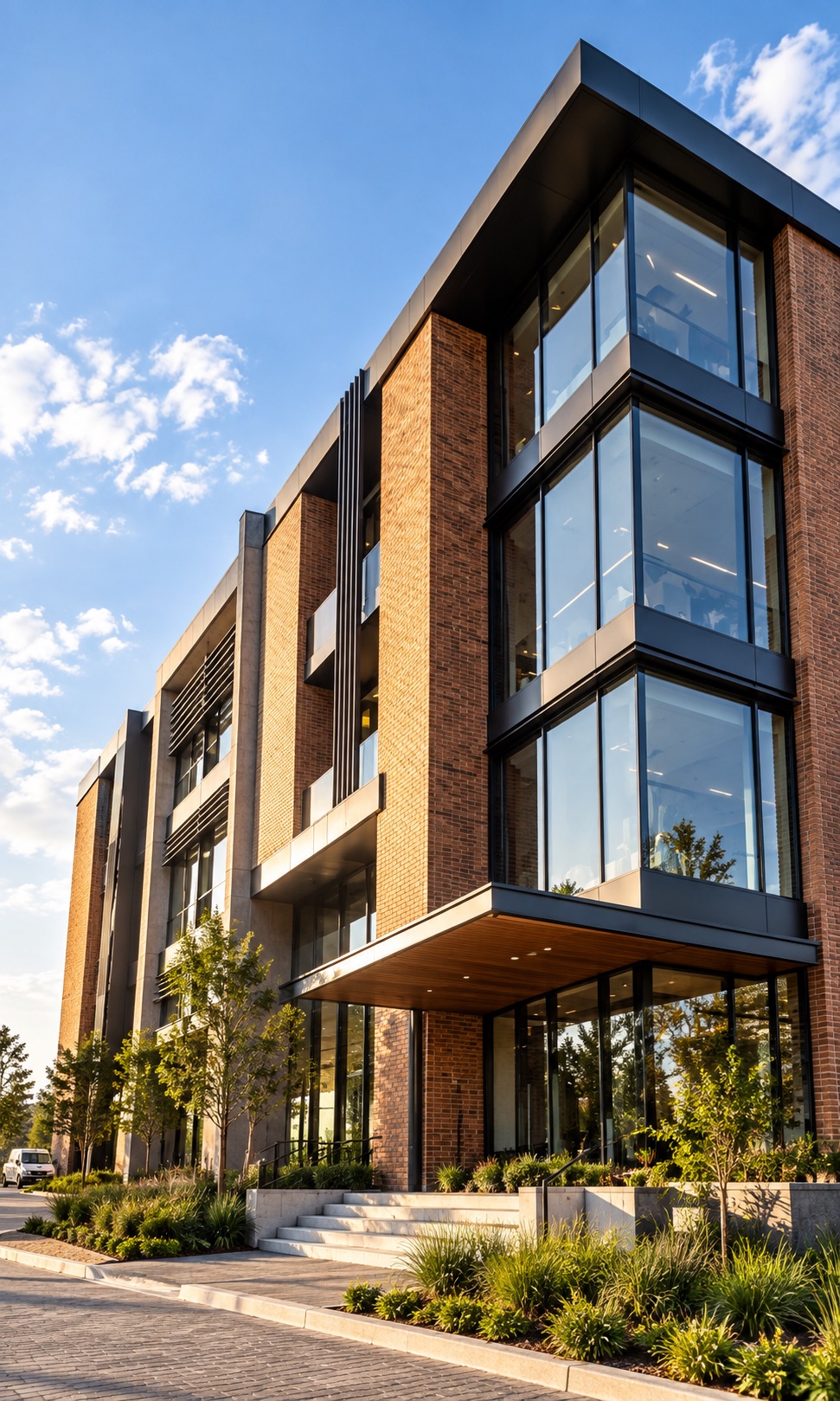 Contemporary brick and glass commercial building facade