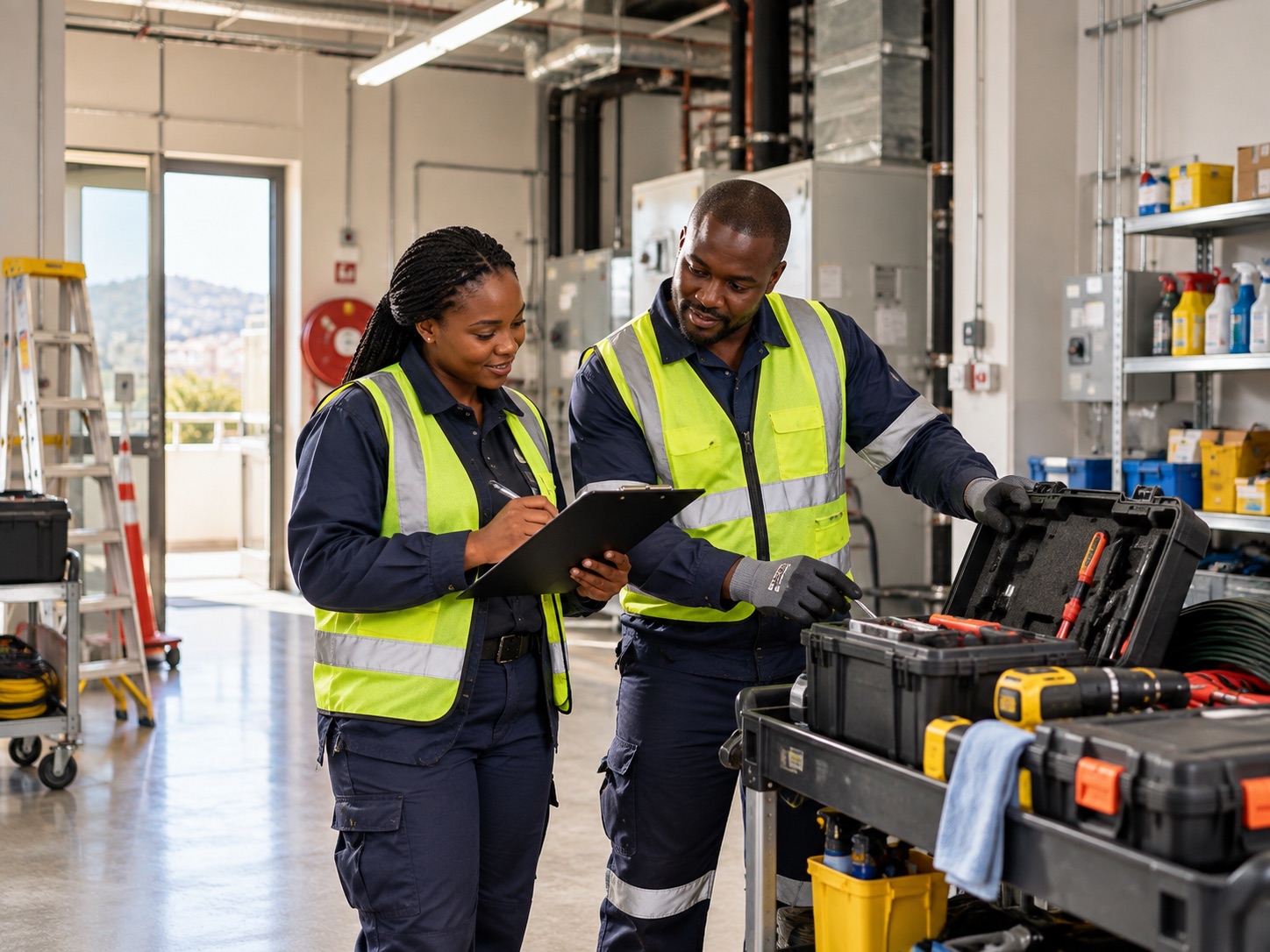 Facilities team preparing maintenance equipment