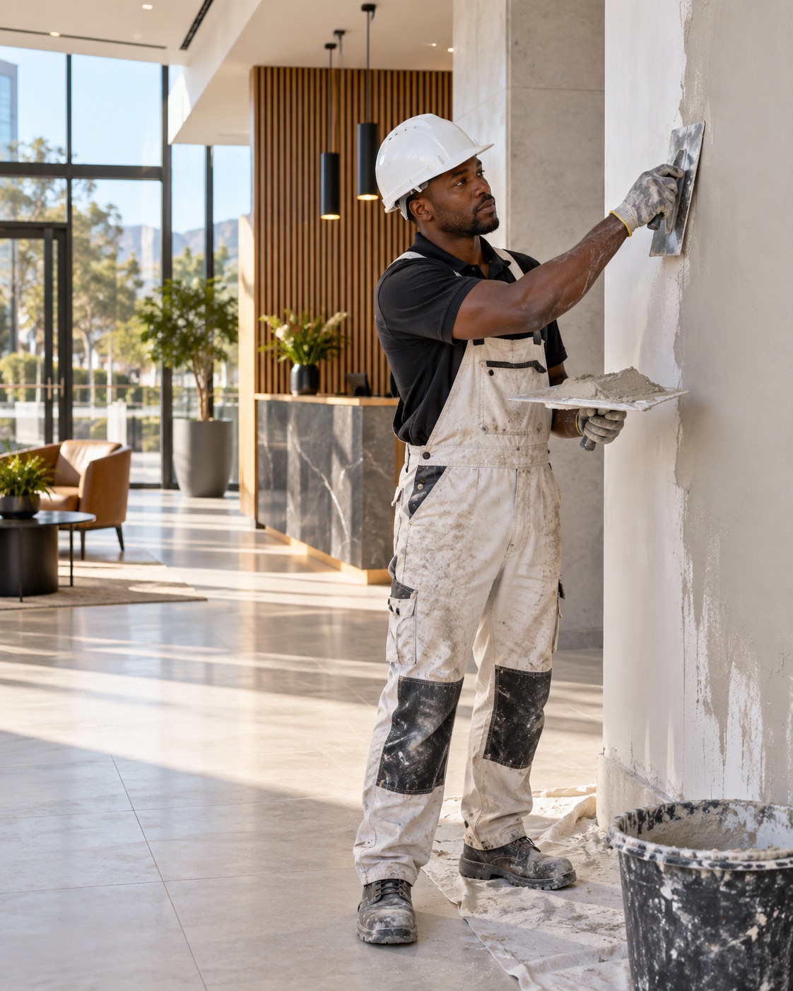 Artisan applying a final plaster finish in a commercial interior