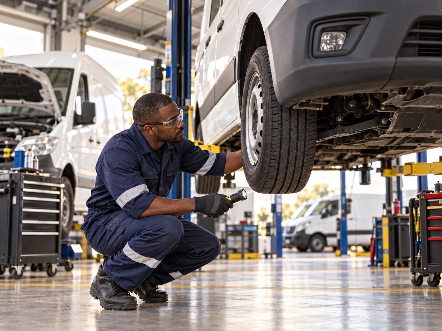 Mechanic inspecting a commercial fleet van