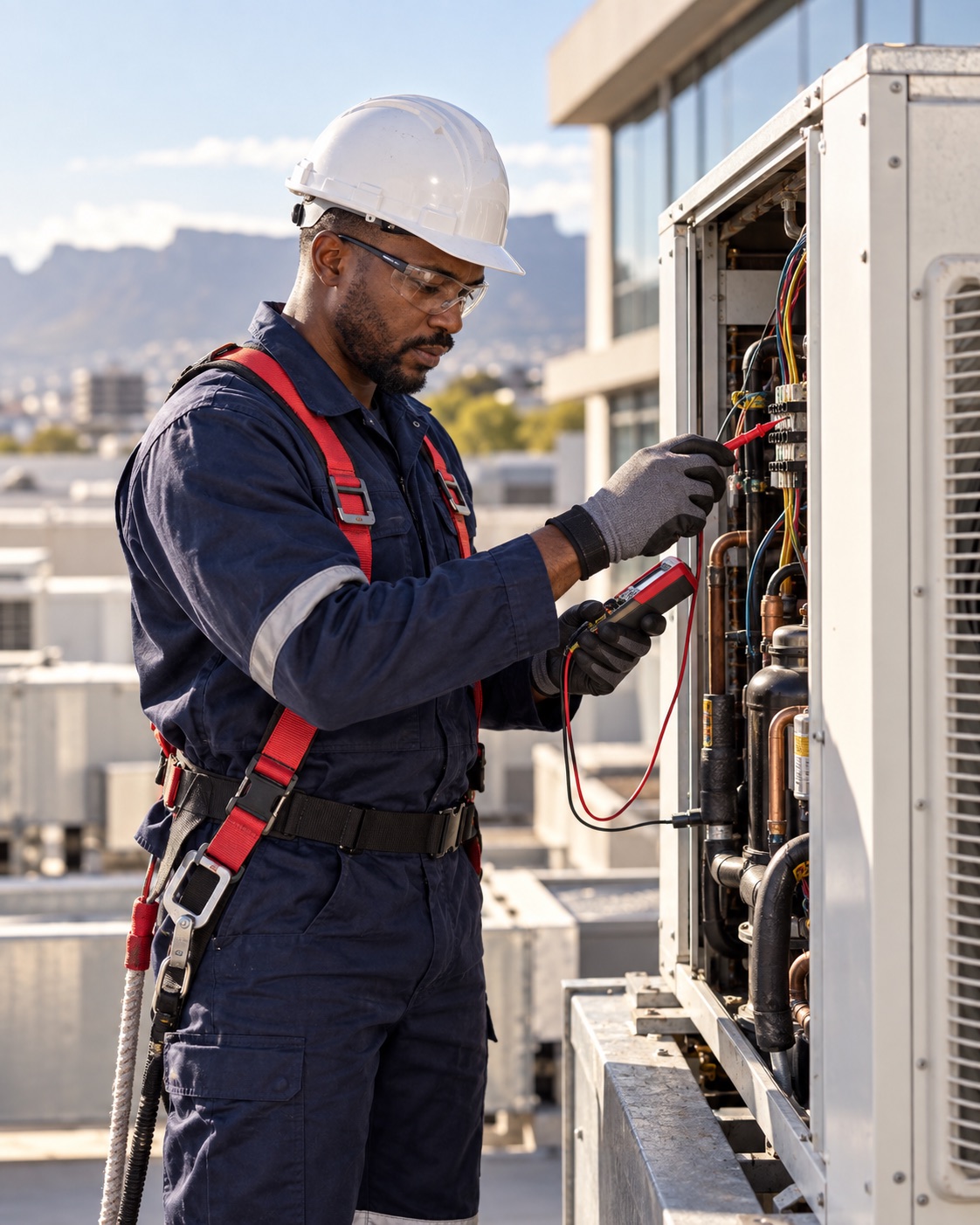 Technician checking a commercial HVAC unit