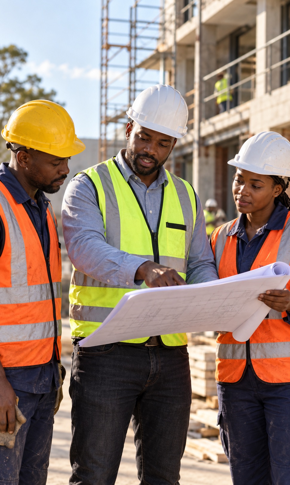 Construction supervisor leading a project briefing with a site team