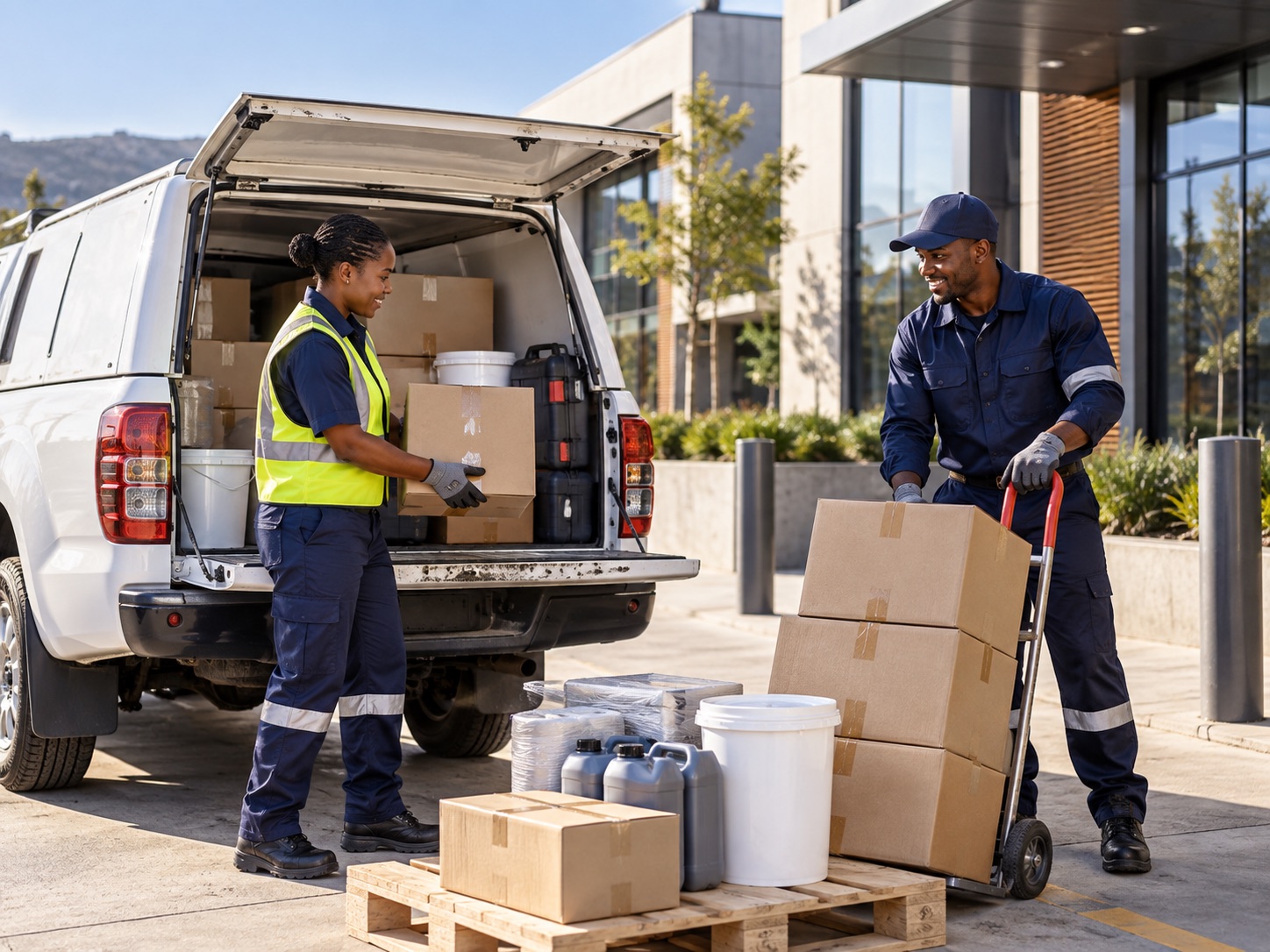Facilities workers unloading supplies from a utility vehicle
