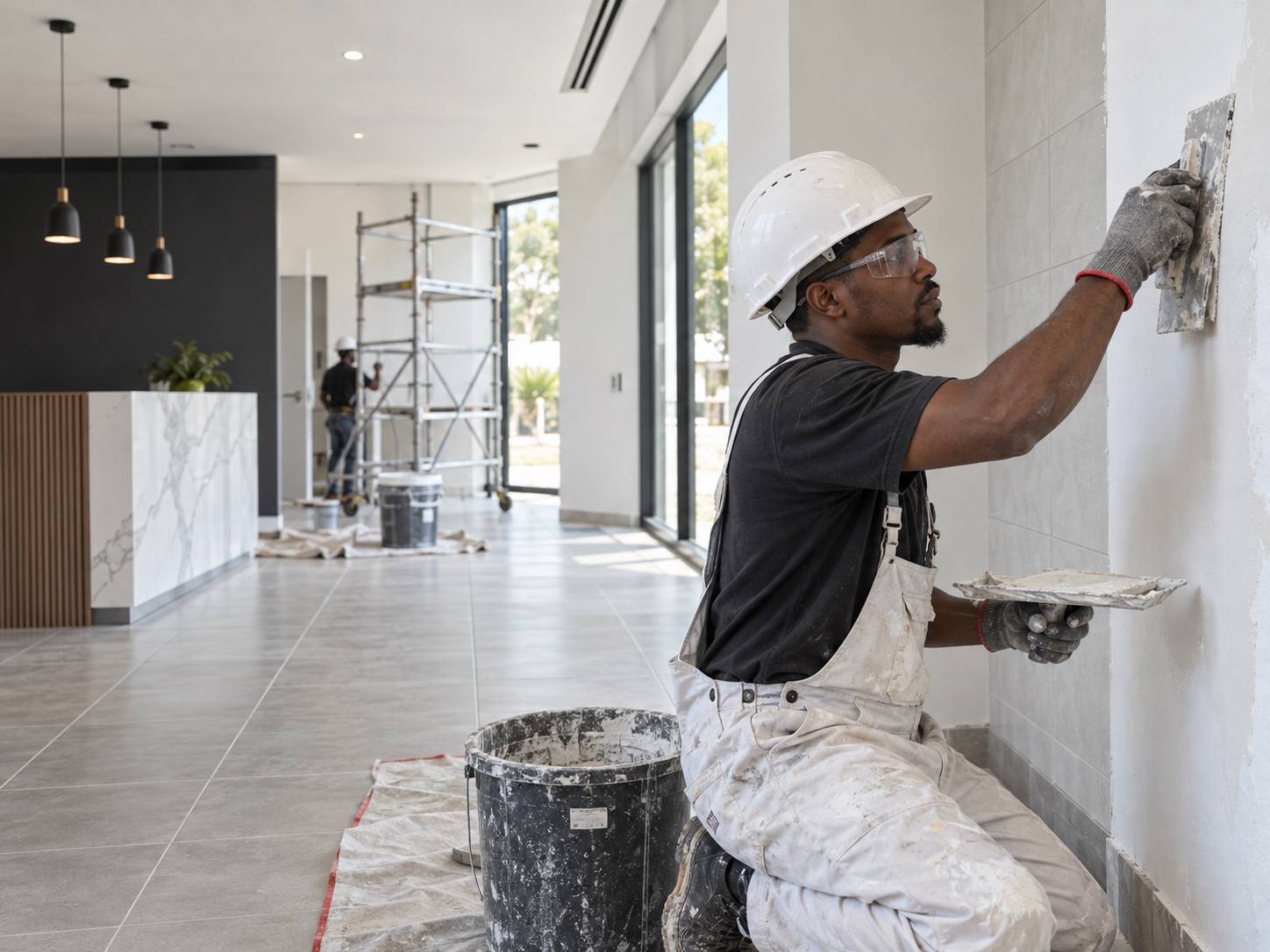 Tradesperson completing interior renovation and finishing work