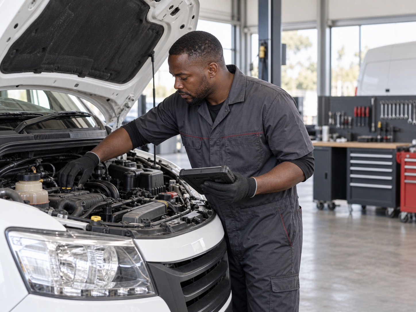 Mechanic performing a routine inspection on a commercial fleet vehicle