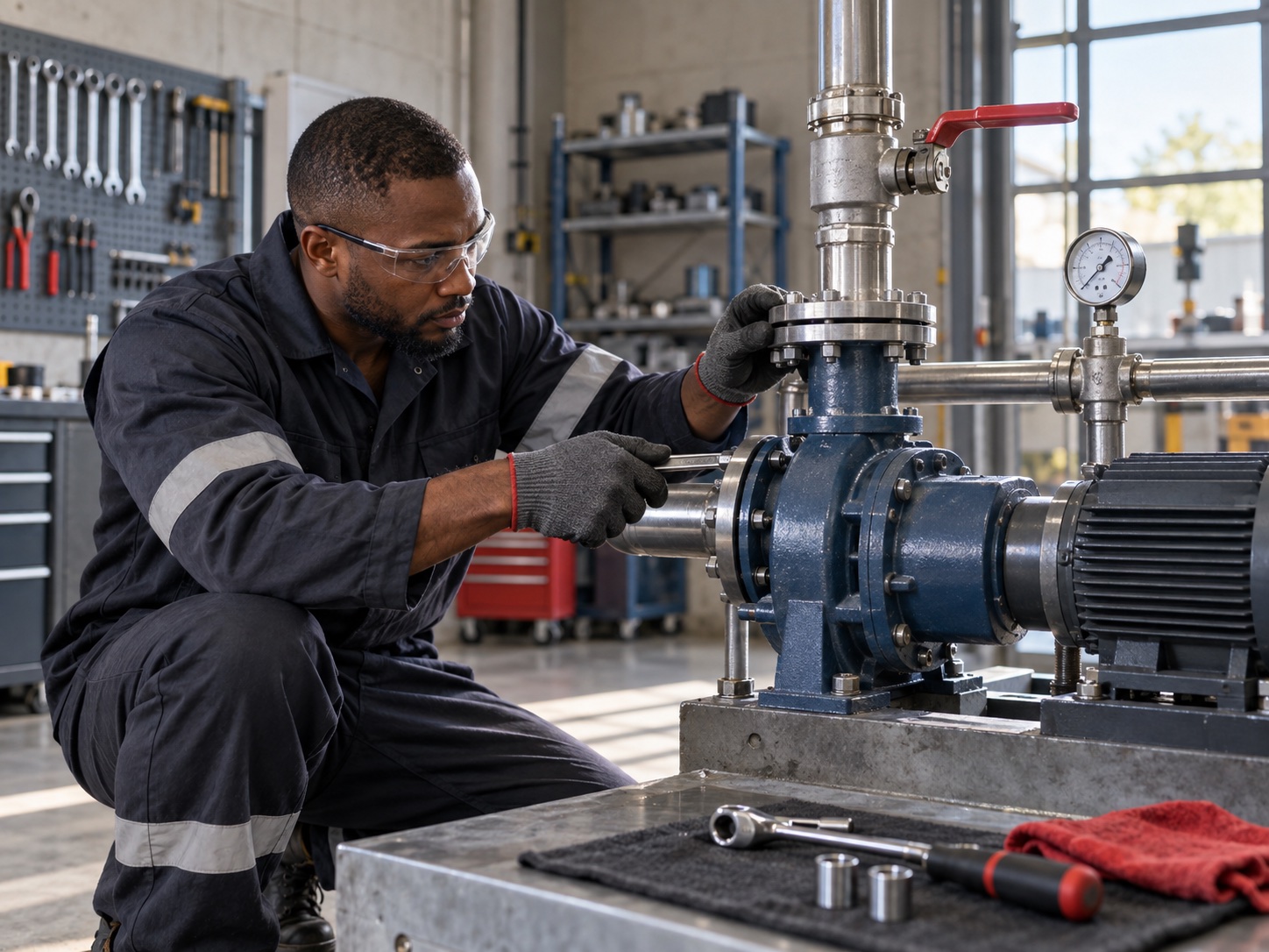 Technician inspecting mechanical equipment in a tidy workshop