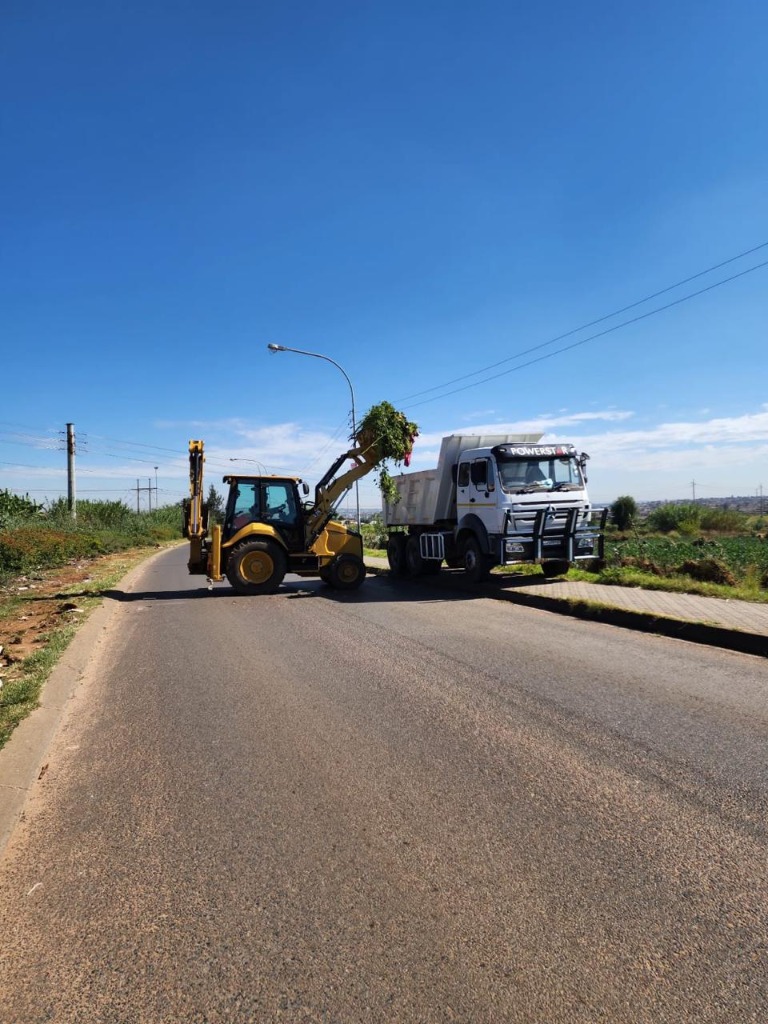 Backhoe loader clearing vegetation and loading brush into a commercial tipper truck